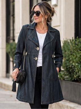 Y2K Dressbarn Long Dark Wash Denim Jacket Contrast Stitching and Accent Buttons